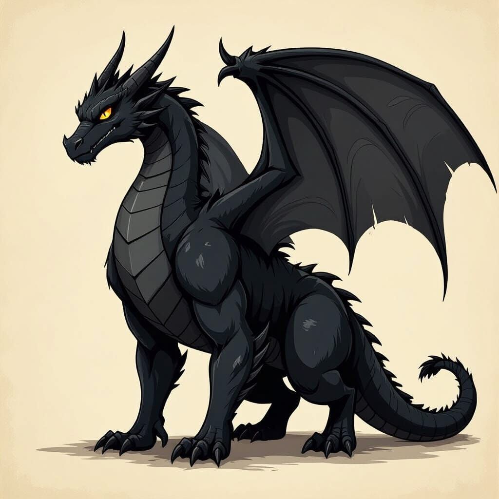 Menacing Black Dragon in Cartoon Paper Drawing Style