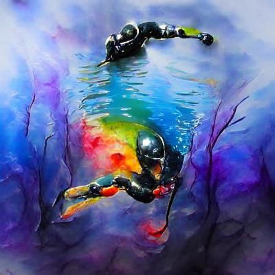 Scuba Diver Swimming Over Void in Watercolor Style