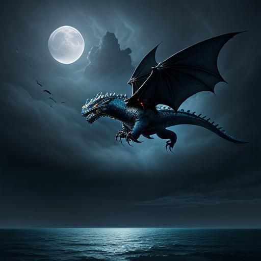 Dragon Soaring Over Moonlit Sea: Digital Matte Painting