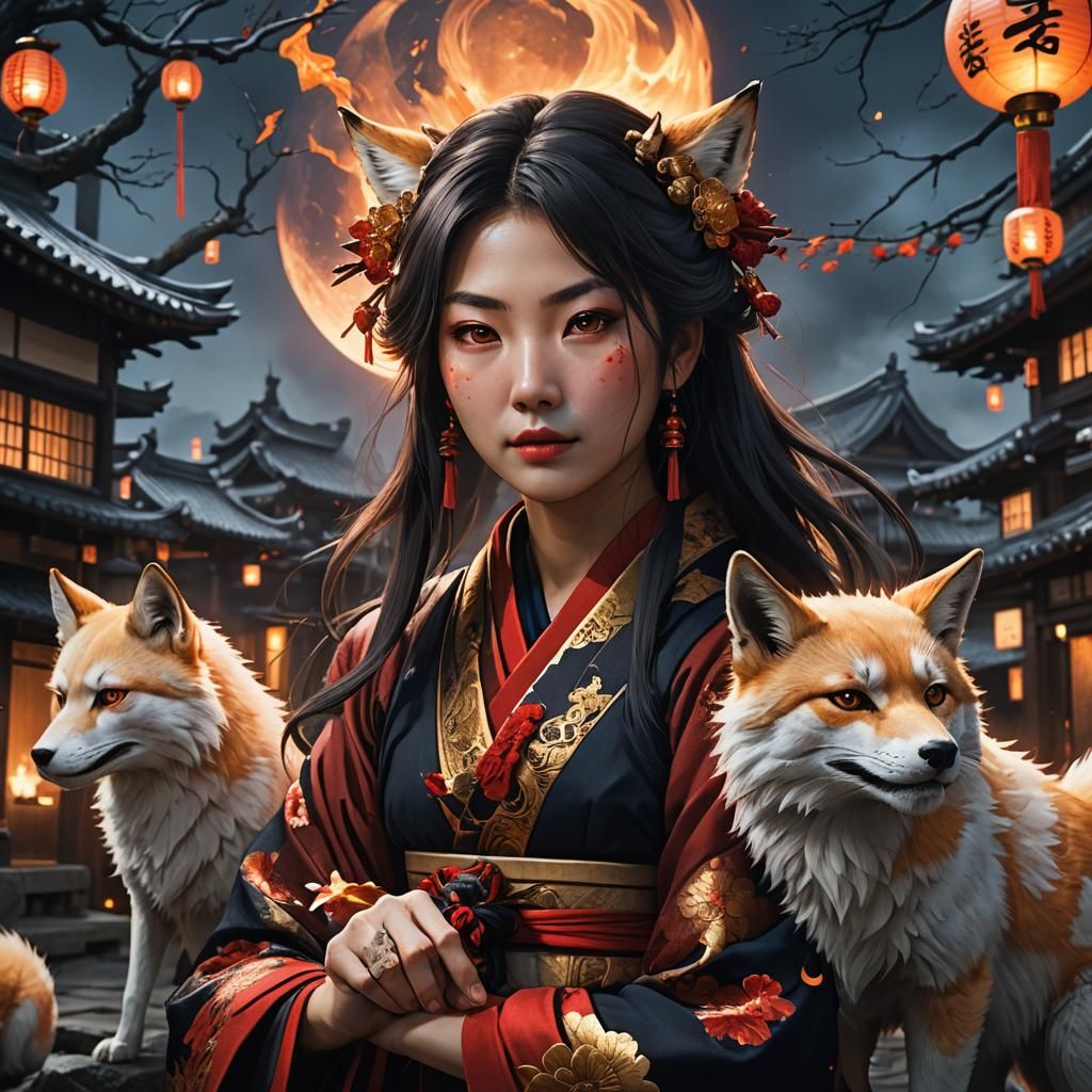 Kitsune Woman Portrait in Japanese Village
