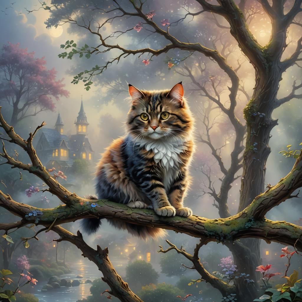 Ethereal Cat on Tree Branch