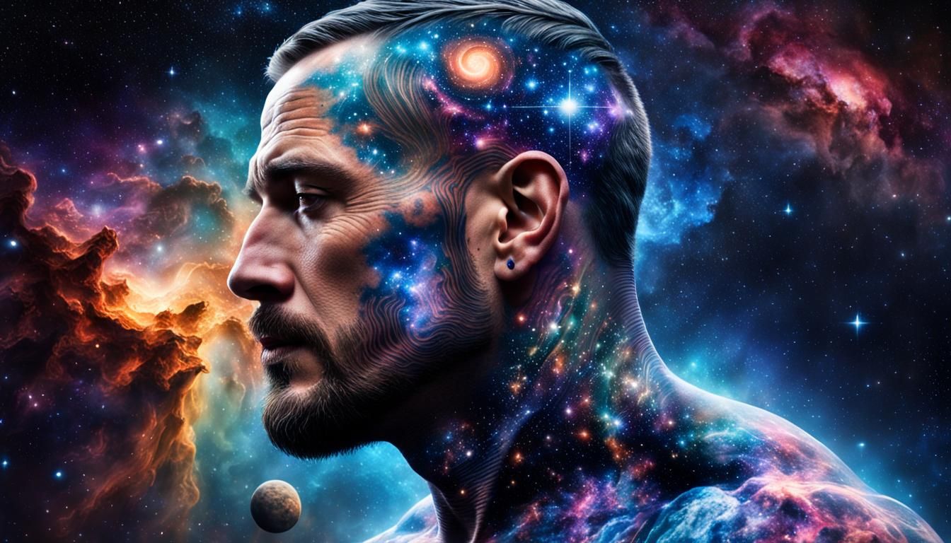 Man with Celestial Tattoo in Hyperrealistic Digital Art