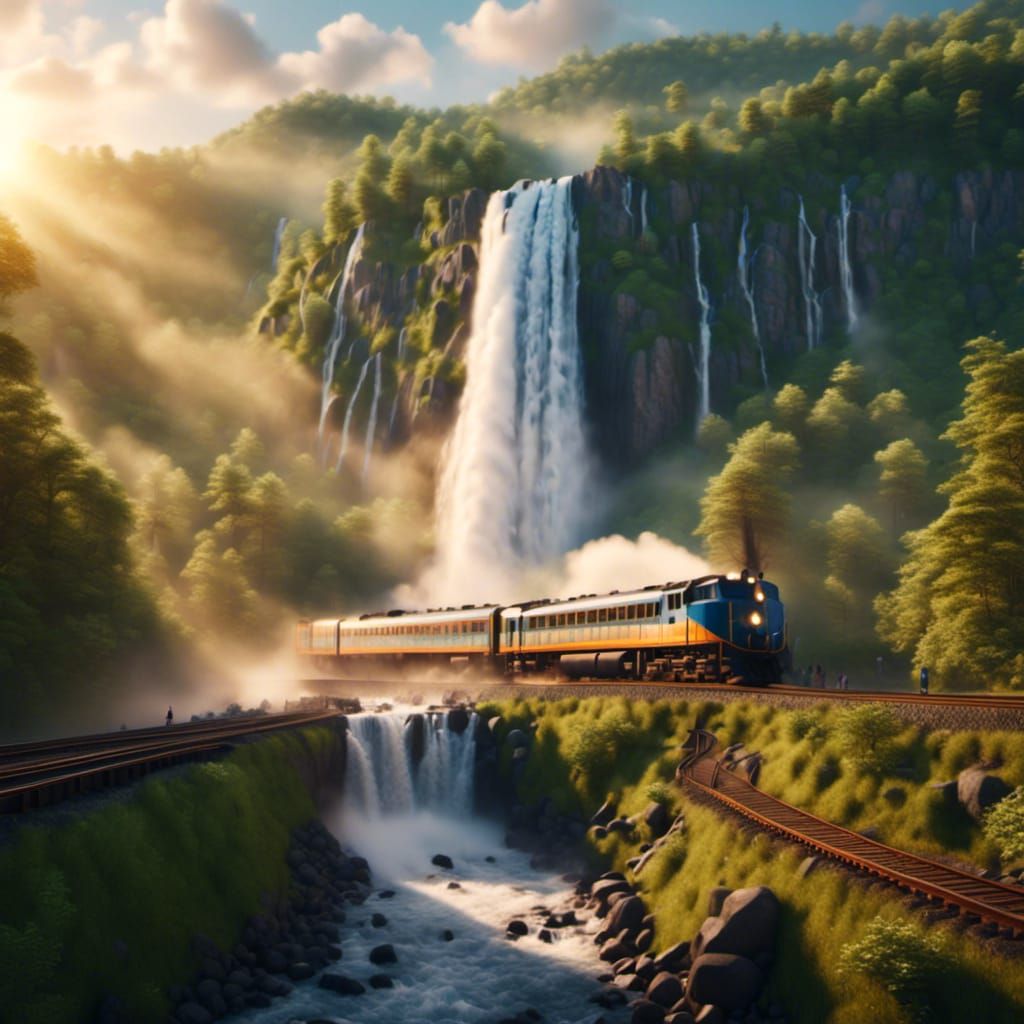 Train Rides Through Majestic Waterfall: Hyper-Realistic Art