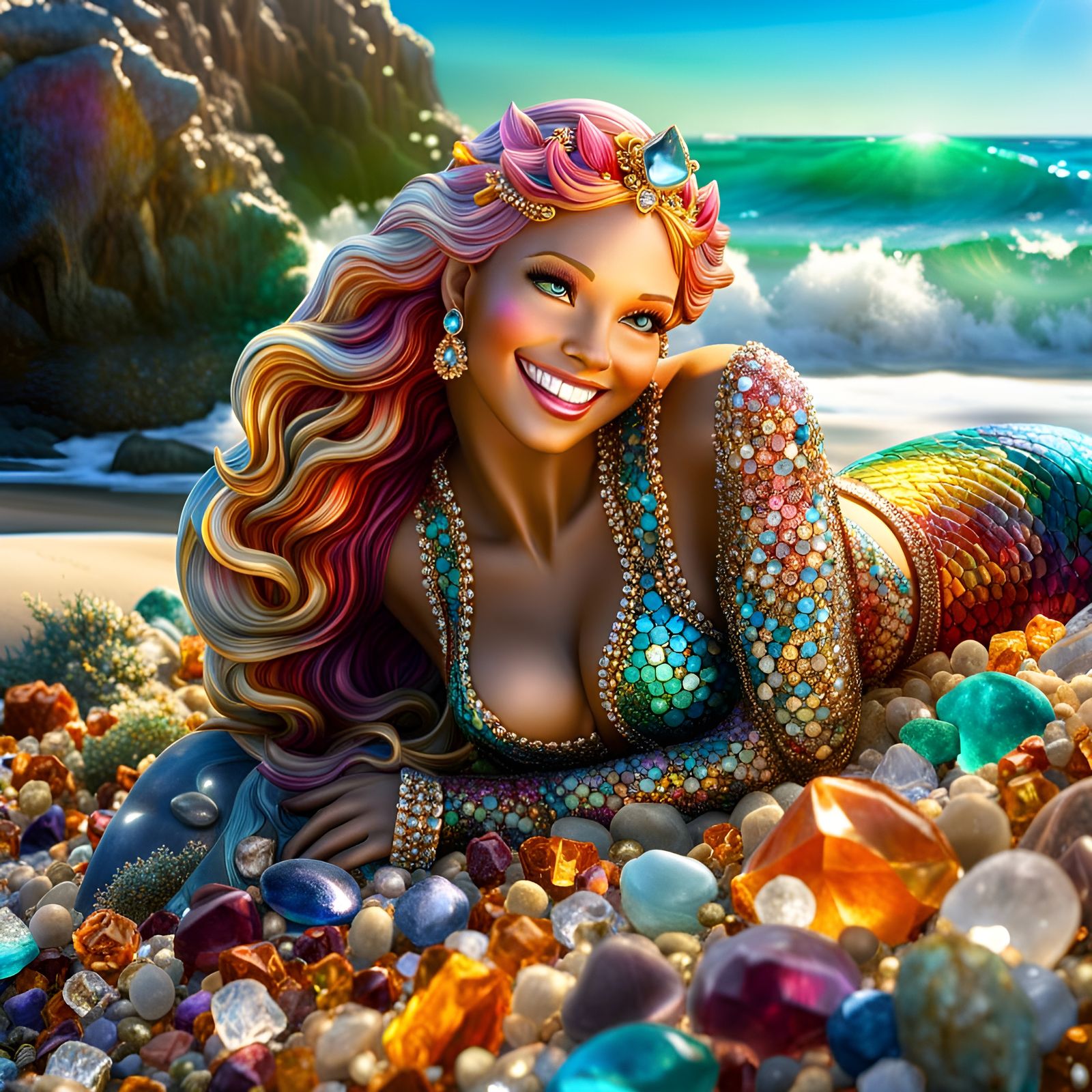 Smiling Mermaid Finds Crystalline Treasure on Shoreline