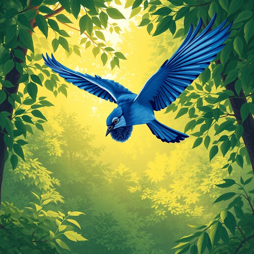 Vibrant Blue Jay in a Whimsical Forest