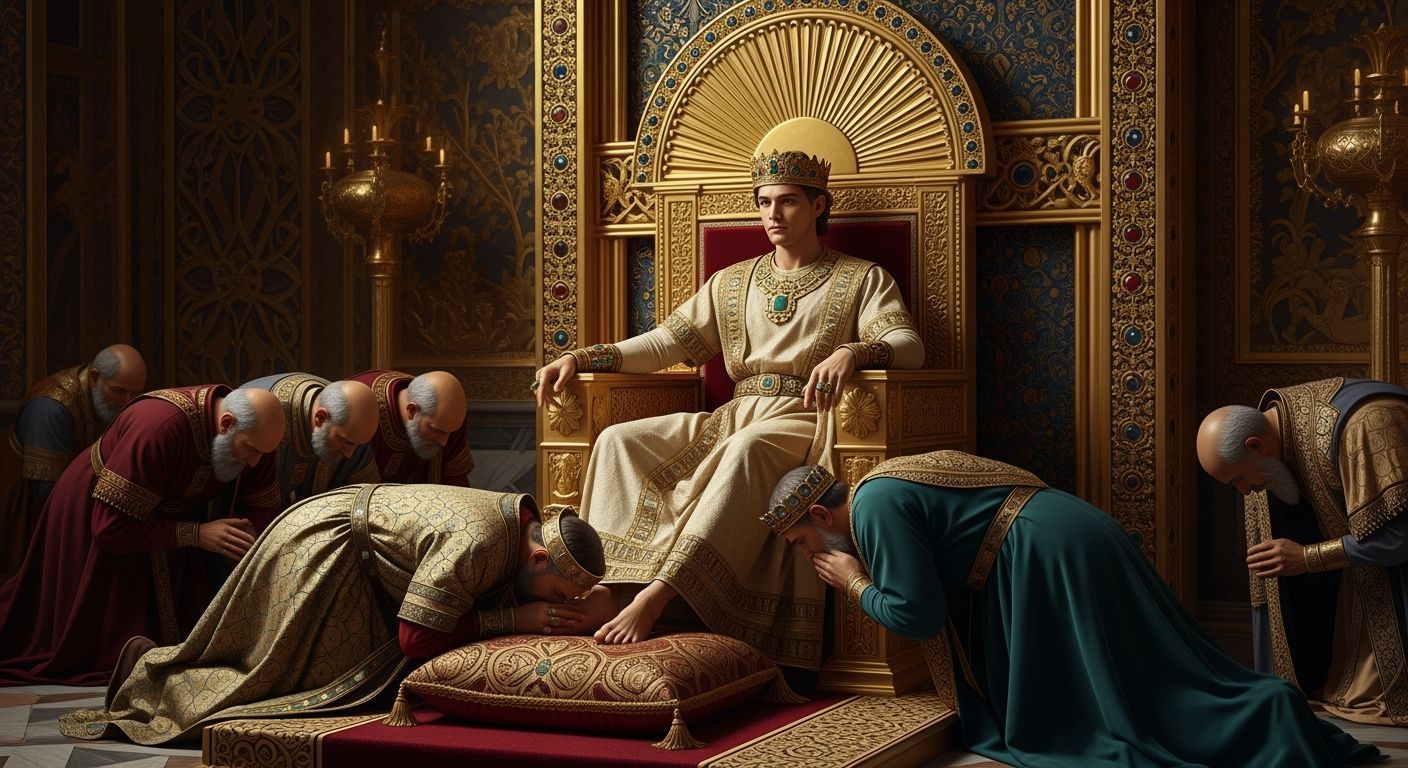 Byzantine Emperor on Golden Throne in Opulent Palace