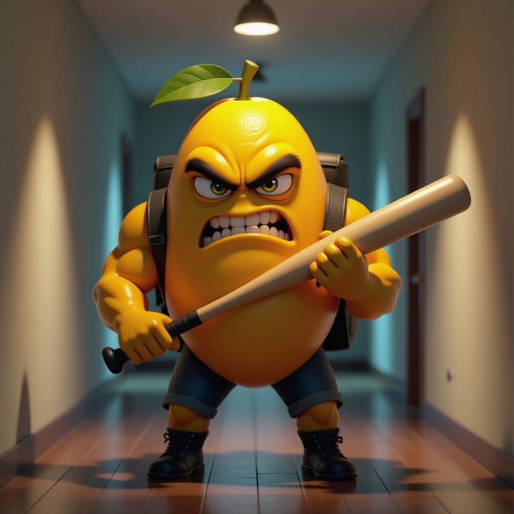 Muscular Mango Character with Bat and Backpack