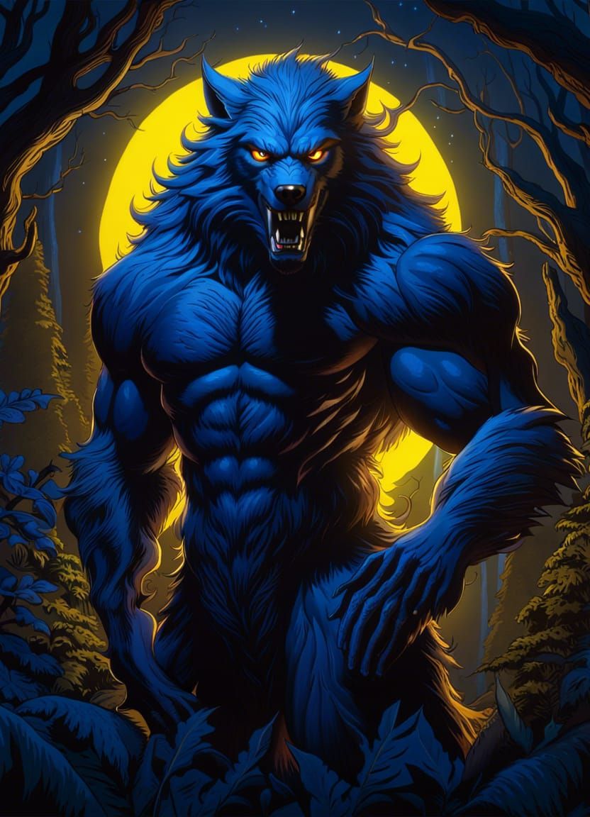 Muscular Werewolf in Forest Glade Under Moonbeams