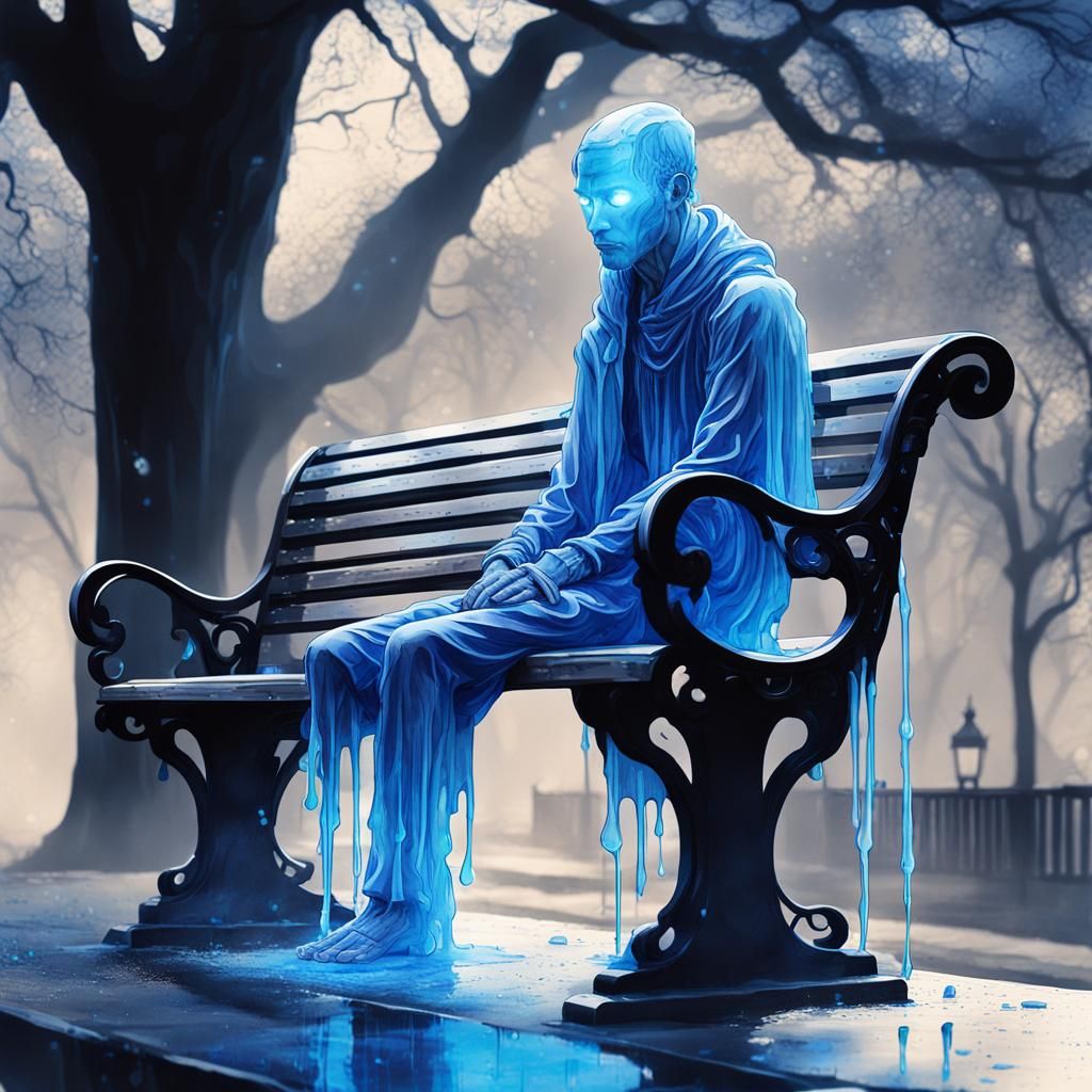 Slime Creature Crying on Bench: Watercolor Illustration