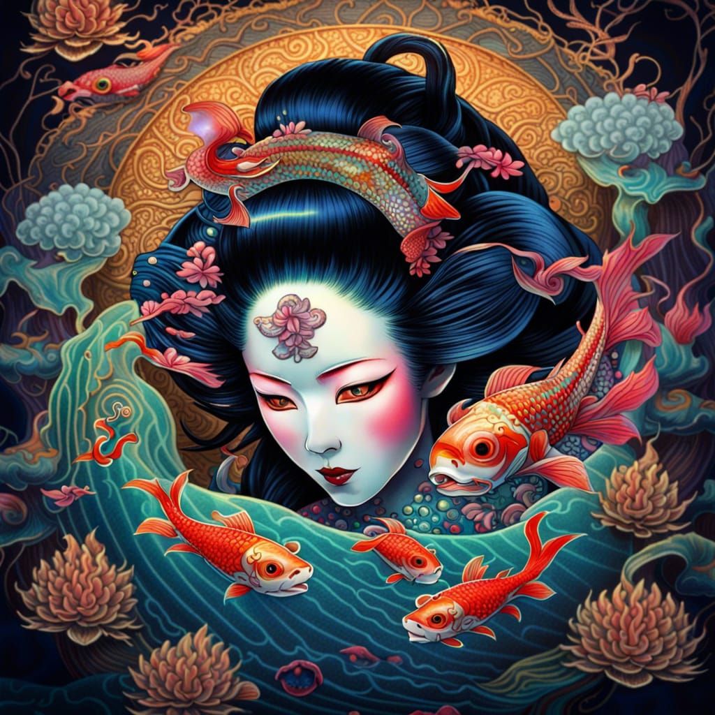 Geisha With Koi Carps