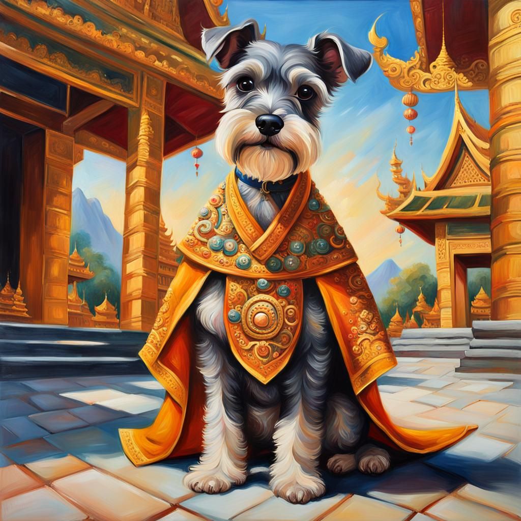 Mini Schnauzer in Thai Costume: Oil Painting