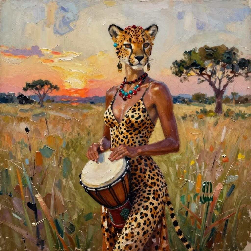 Sensual Cheetah Lady in Epic Impressionist Masterpiece