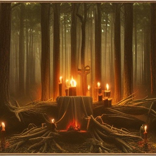 Detailed Satanic Ritual in Dark Forest: Matte Painting