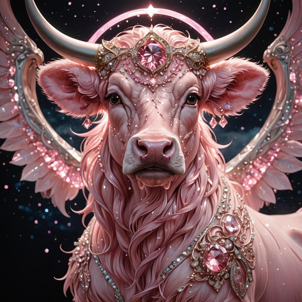 Luminescent Pink Diamond Bull with Angel Wings