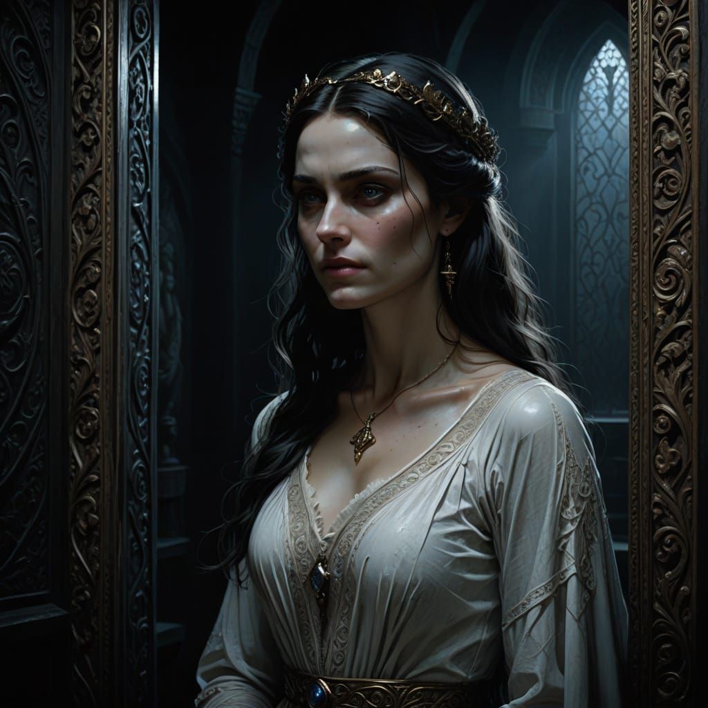 Half-Elf's Dark Reflection in Medieval Chamber