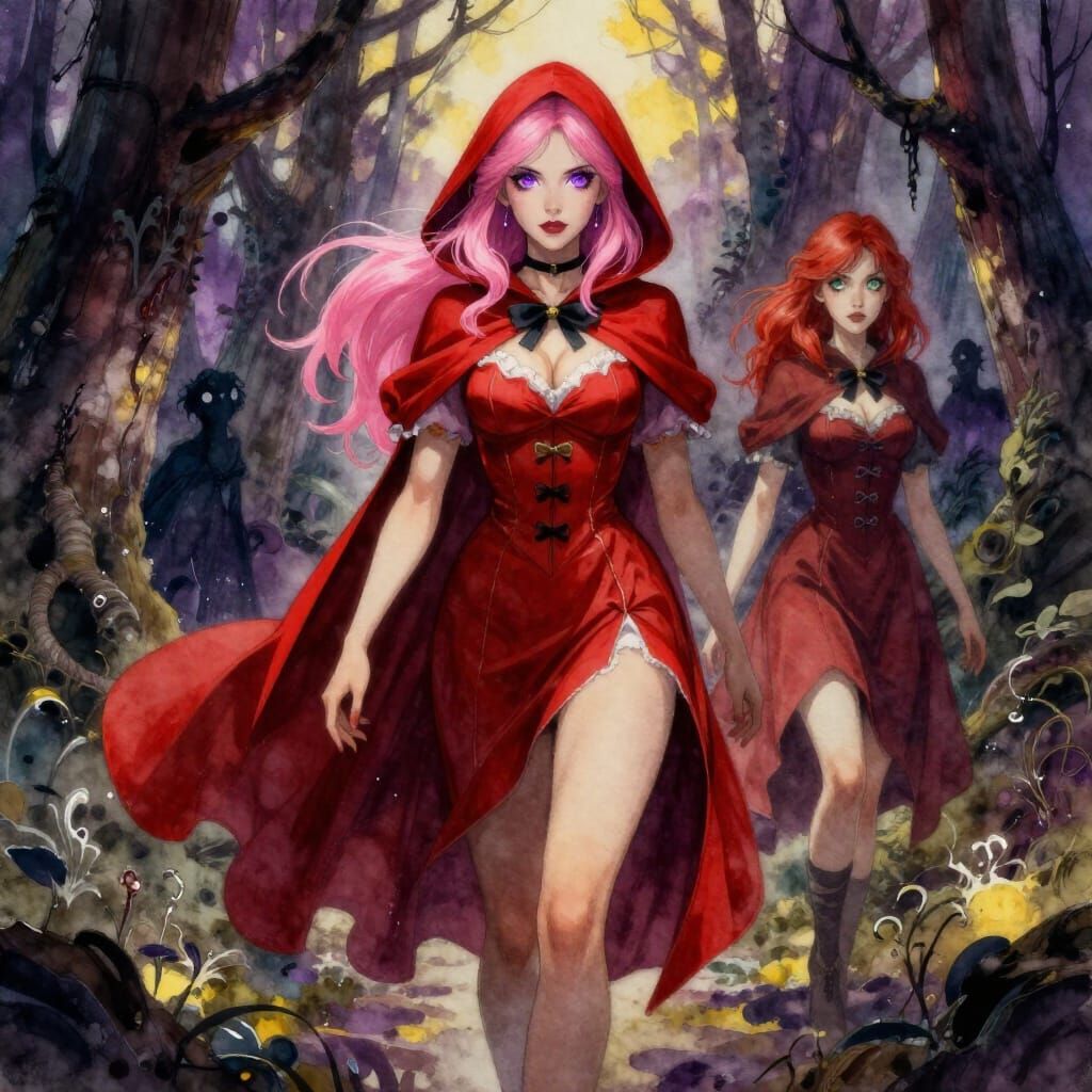 Two Red Riding Hoods in a Creepy Forest
