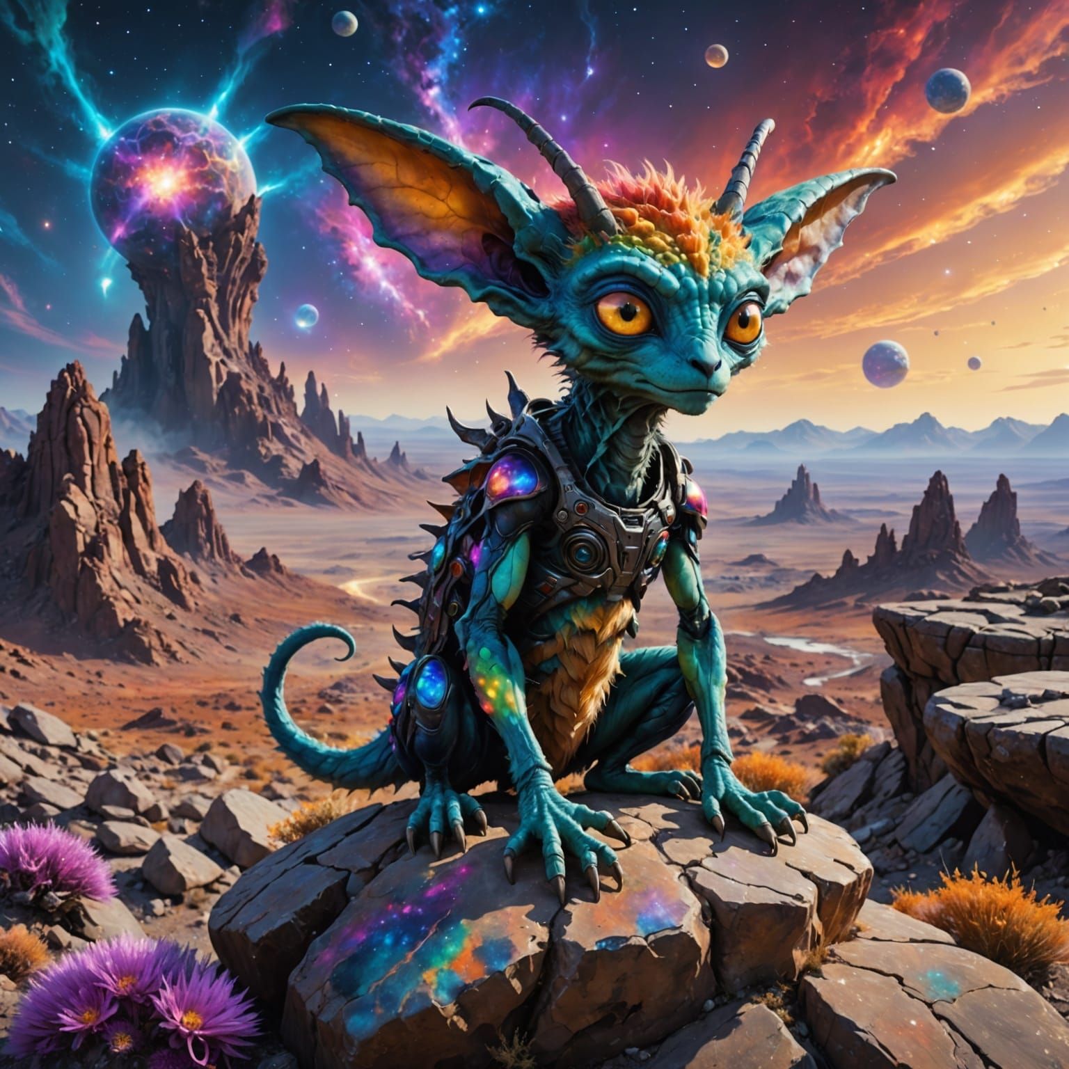 Fluffy Alien Creature Overlooking an Alien Landscape