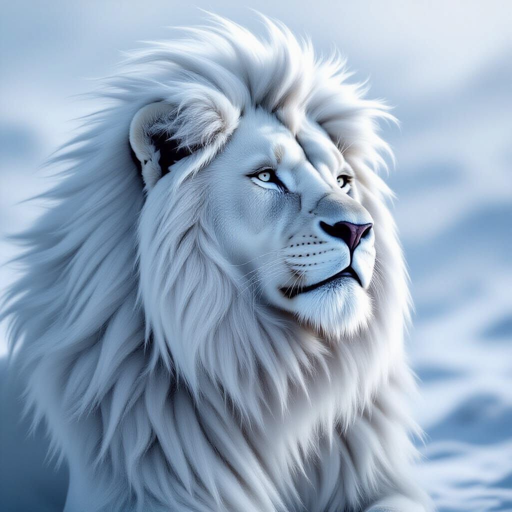 Majestic White Lion in Ethereal Landscape