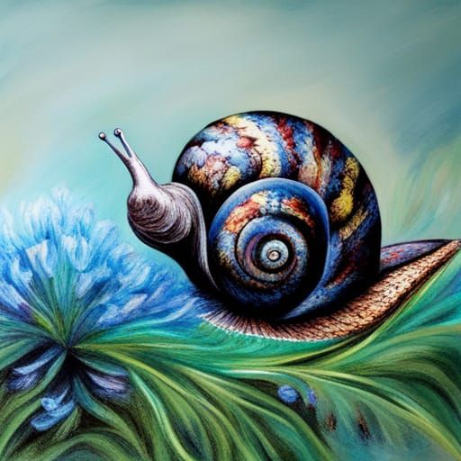 Metallic Blue Snail with Flowers and Fog