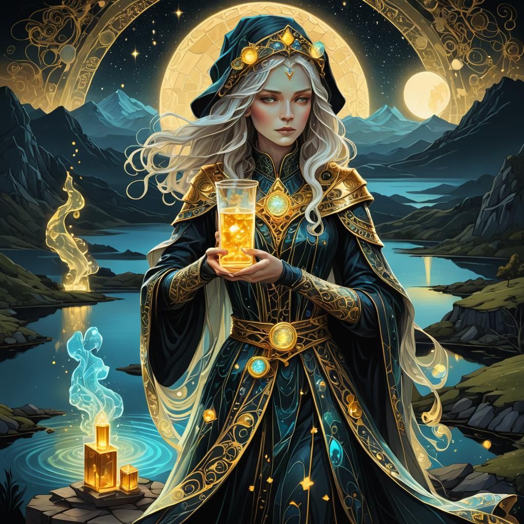 Bioluminescent Wizard with Gold Brick, Art Nouveau Impasto