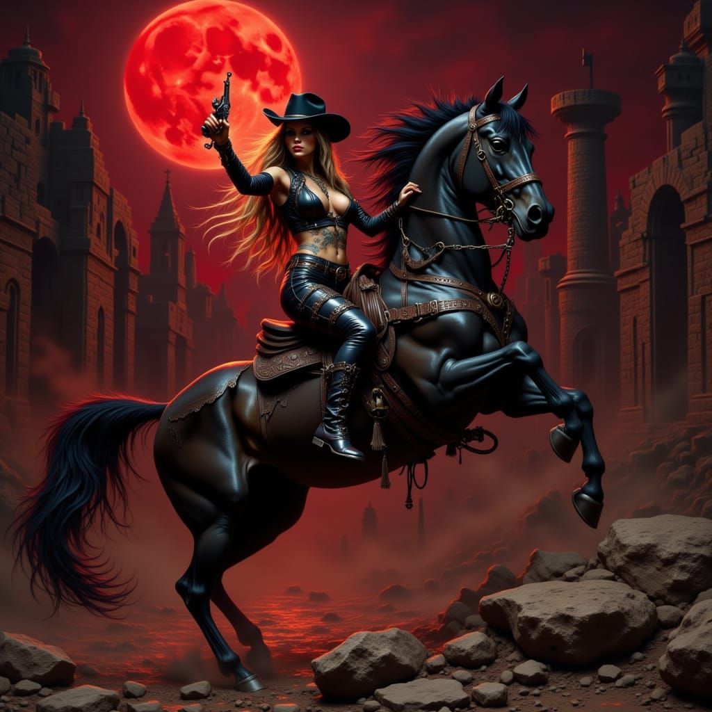 Dark Fantasy Zorro Cowgirl with Rearing Horse