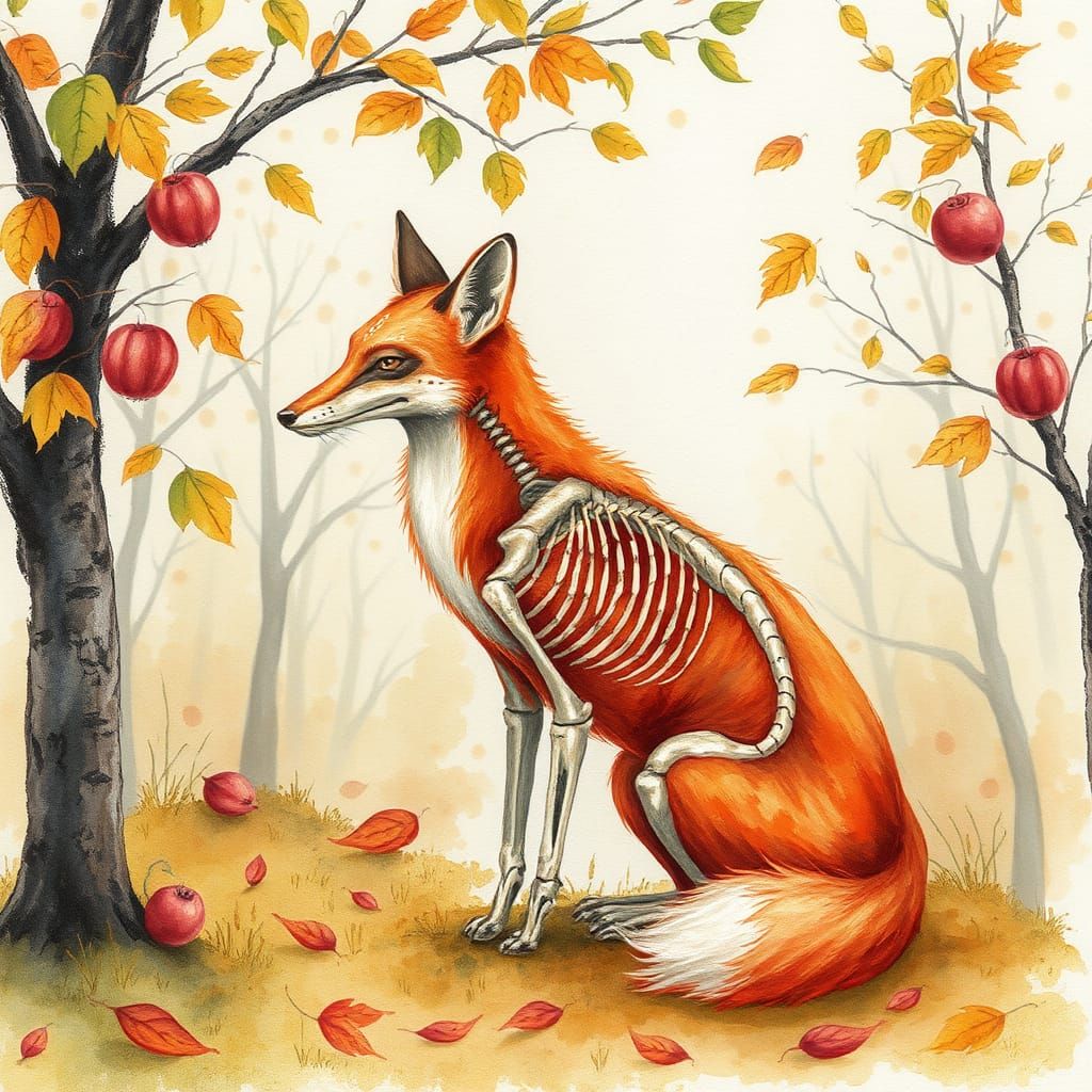 Skeletal Fox in Orchard: Autumnal Watercolor Painting