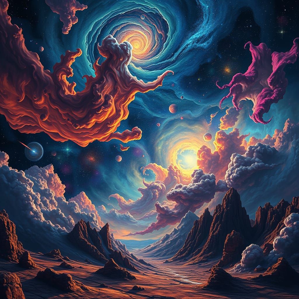 Cosmic Landscape with Swirling Nebulae in HDR