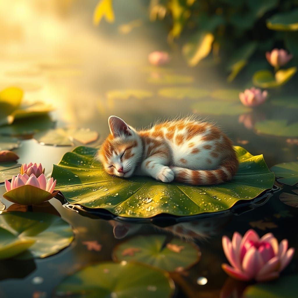 Whimsical Feline on a Serene River Lilypad