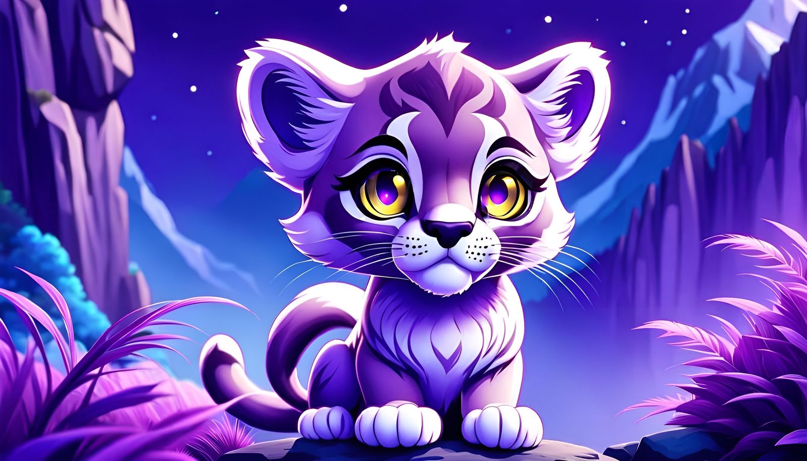 Purple Chibi Cougar with Yellow Eyes Illustration