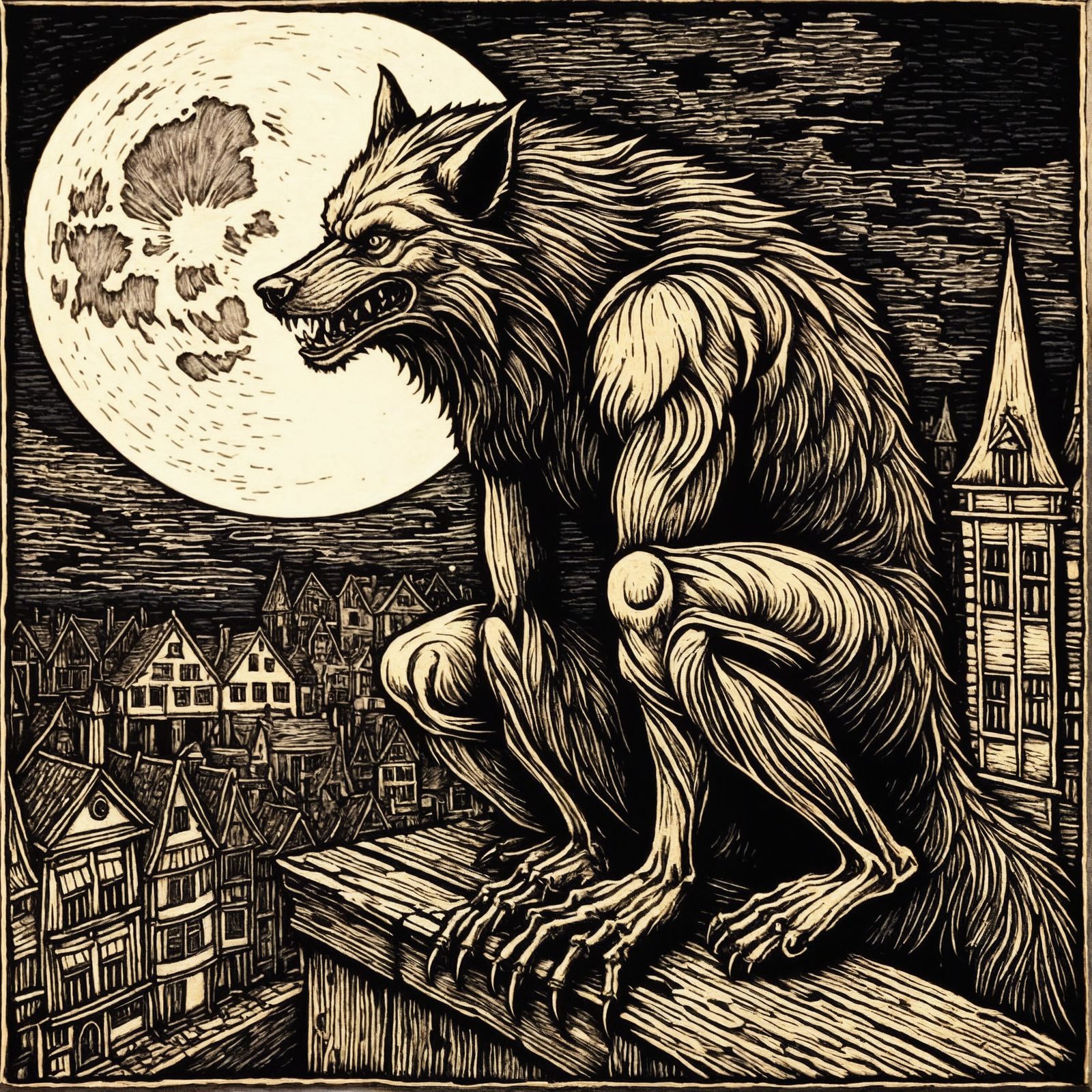 Nighttime Pyrography Woodcut Illustration