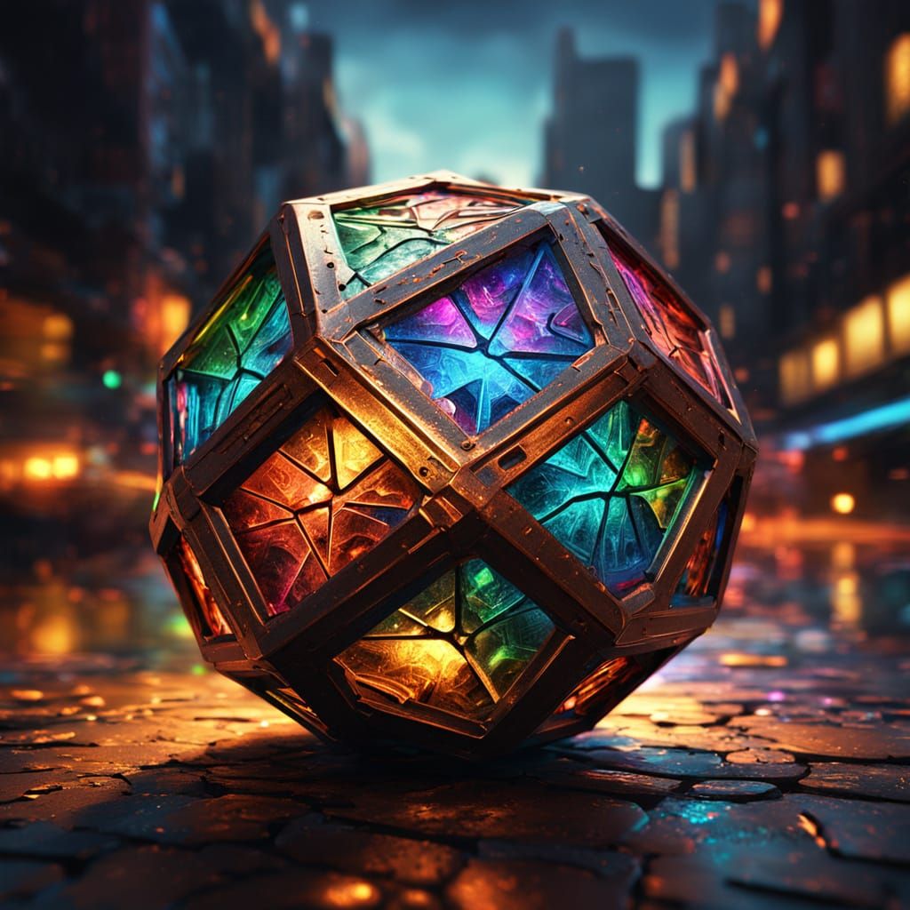 Bronze Dodecahedron Emitting Light in Gritty Cityscape
