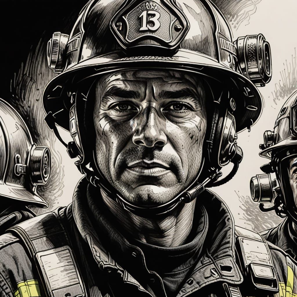 Timeless Firefighter Portrait in Expressive Pen and Ink