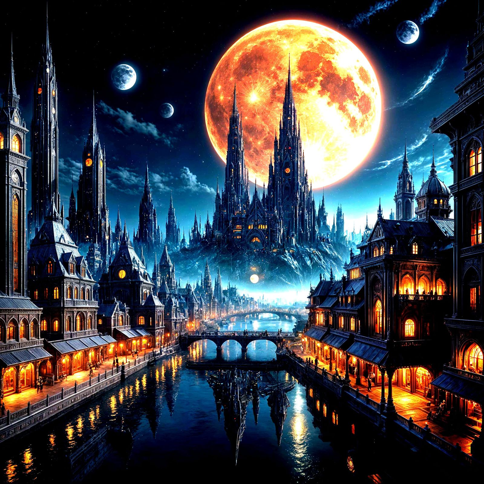 Shimmering Chrome Metropolis Under Midnight Moonlight