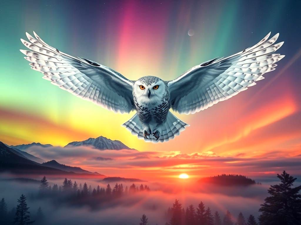 Snowy Owl in Flight with Double Exposure Wings