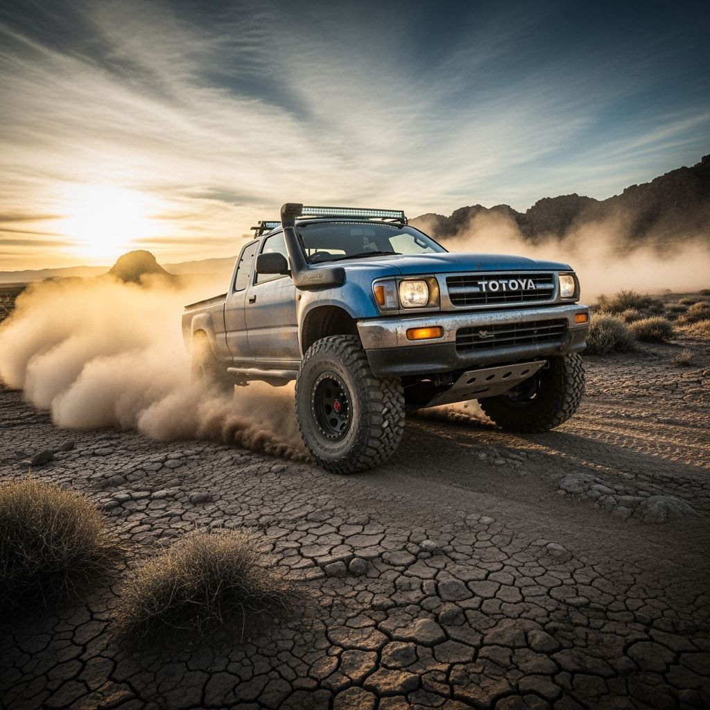 Off-Road Truck Navigates Rocky Terrain at Sunset