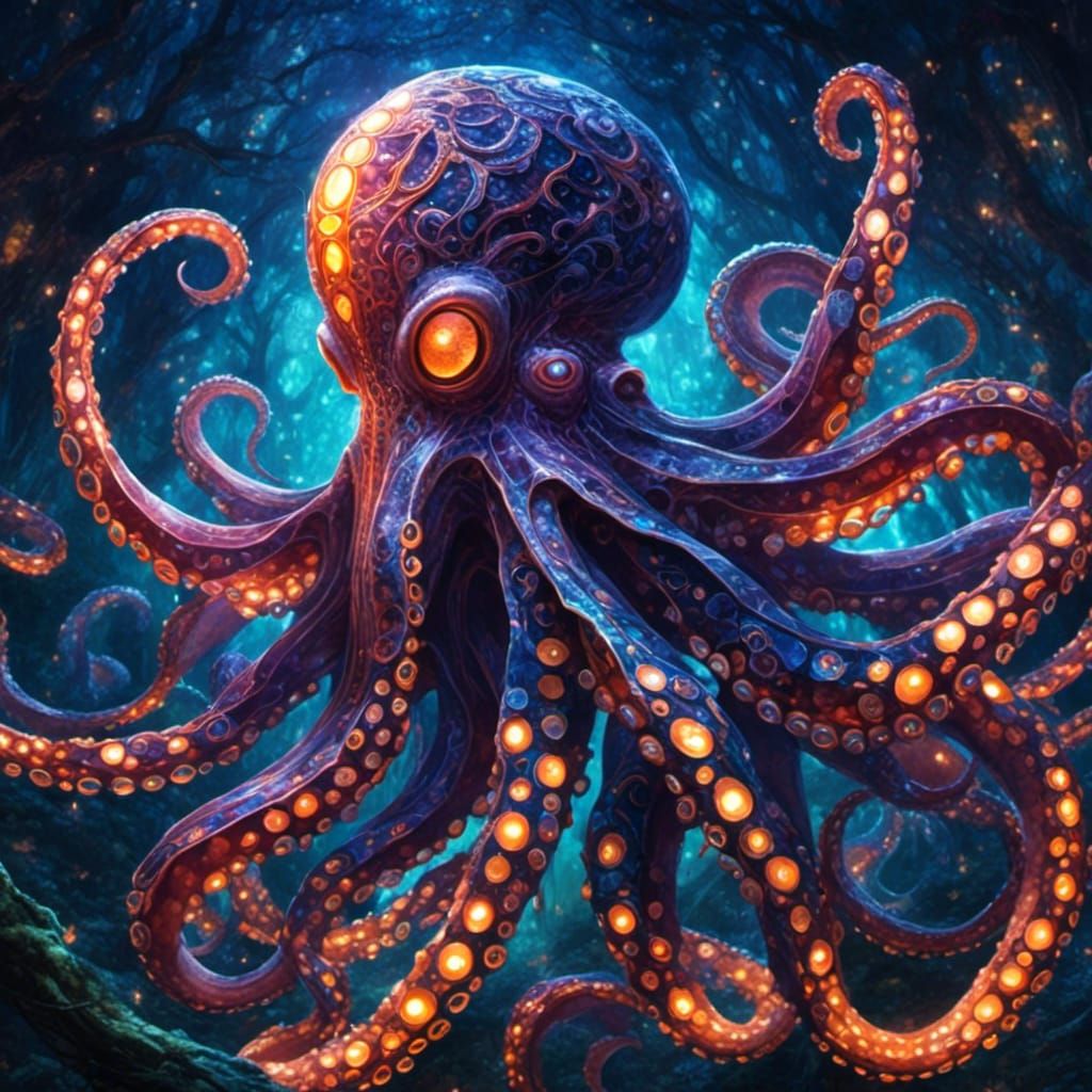 Geometric Octopus with Fairy Lights in Fantasy Style