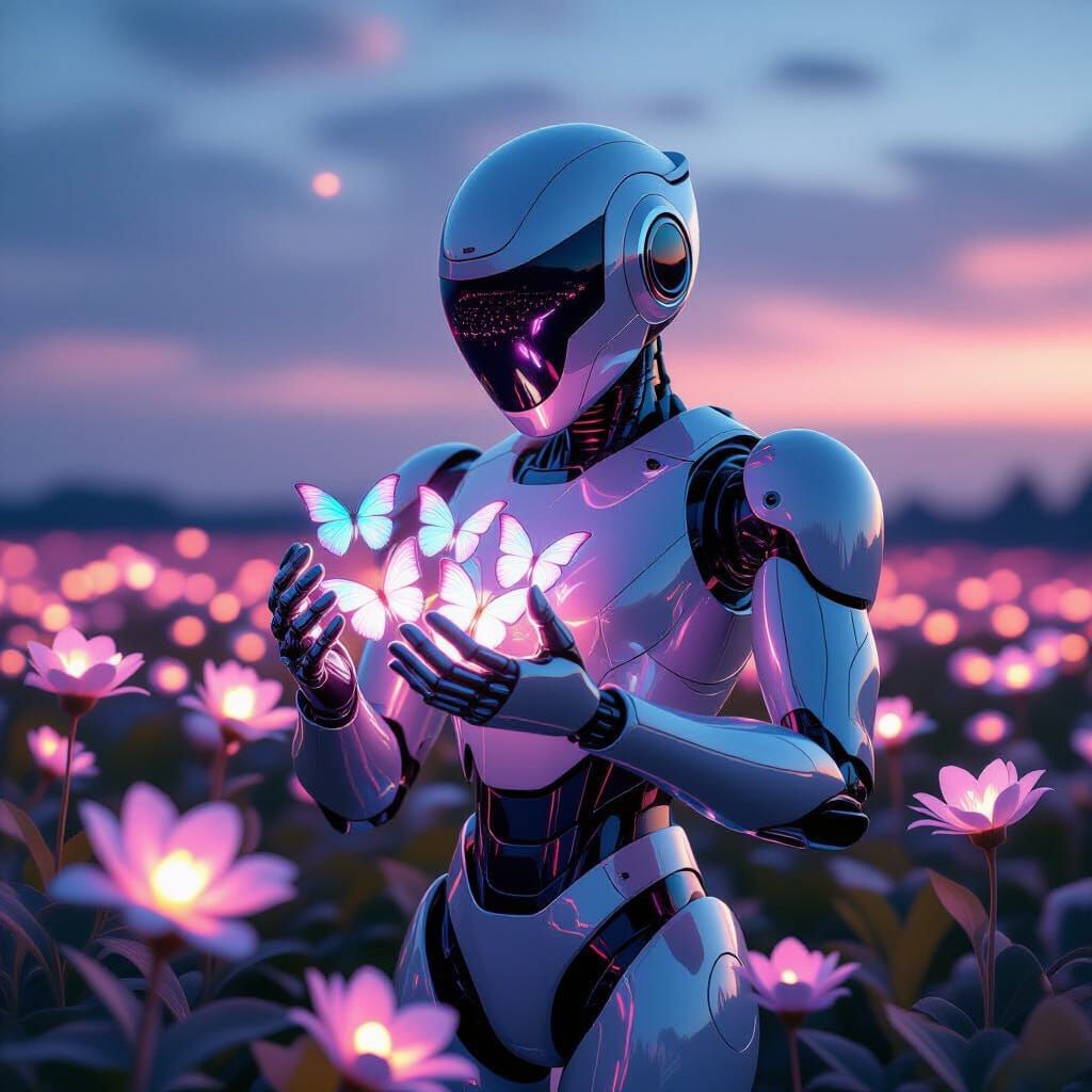Futuristic Robot Shelters Luminous Butterflies in Twilight