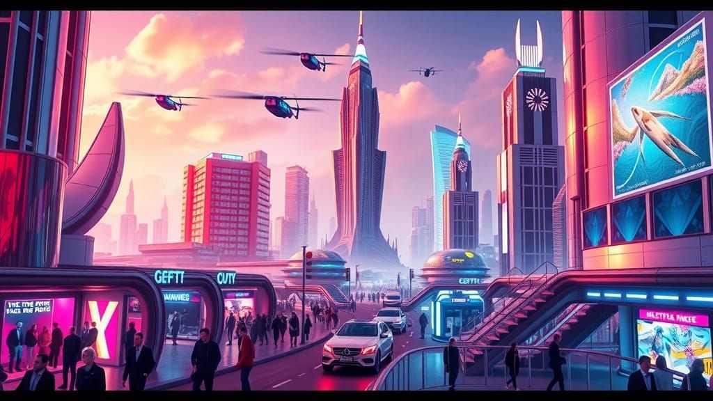 Futuristic Metropolis Shimmers with Iridescent Colors