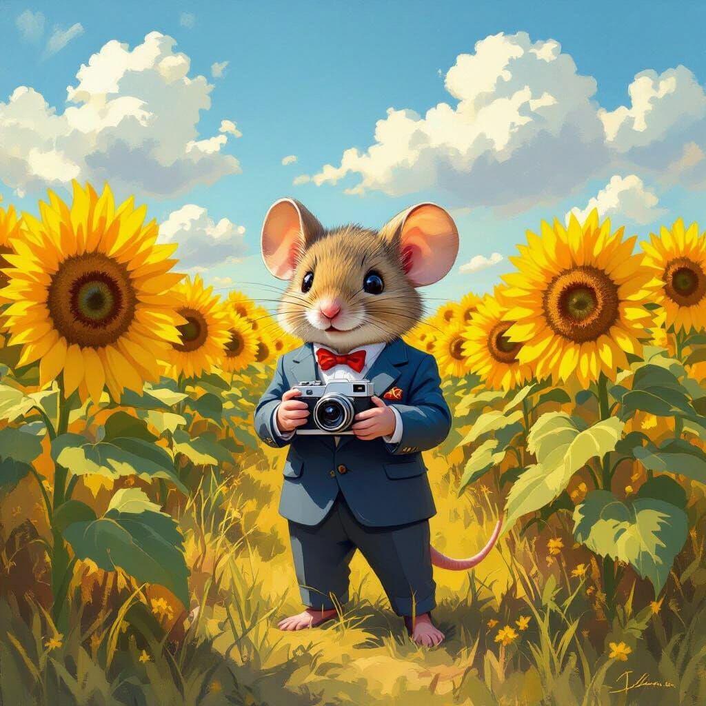 Mouse Photographer in Sunflower Field, Impressionist Style