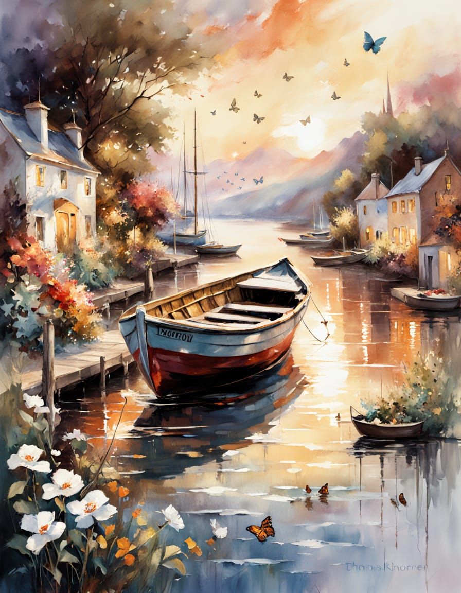 Vintage Boat in Blooming Flower Harbour at Sunset