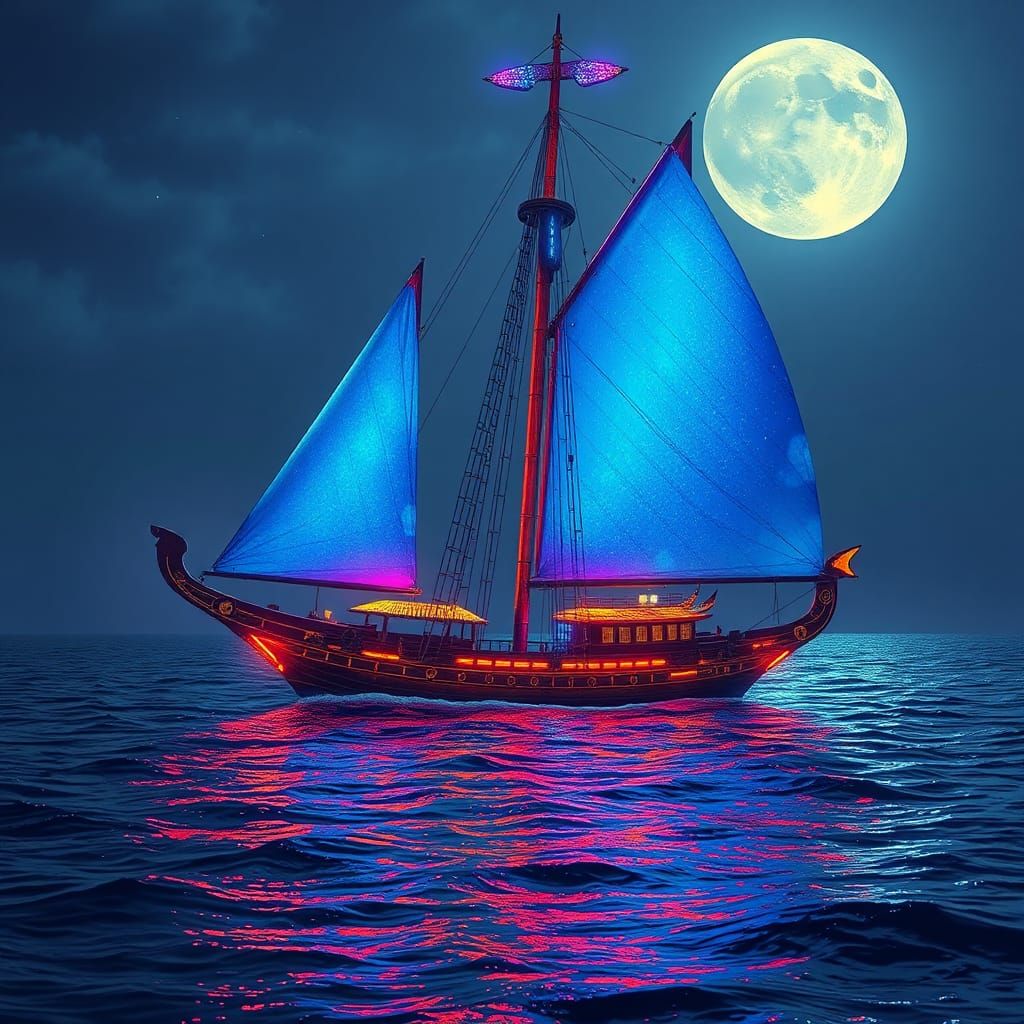 Glittercore Chinese Junk Boat on Moonlit Sea