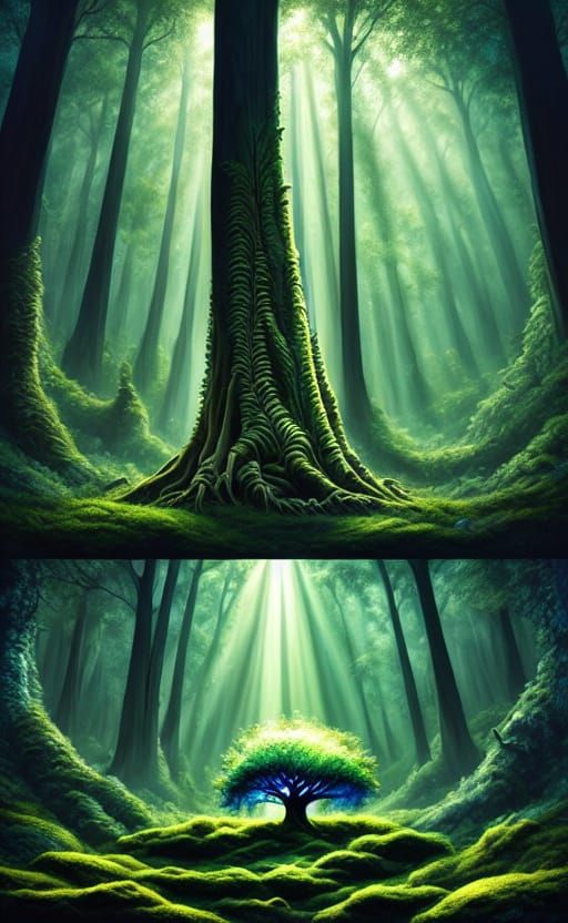 Ancient Bioluminescent Tree in Misty Alien Jungle