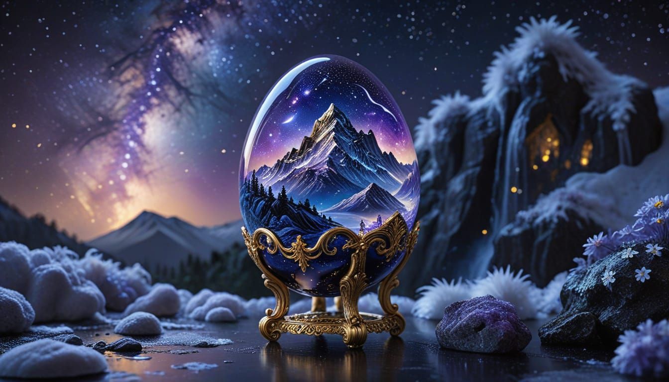 Ornate Glass Faberge Egg with Miniature Starry Night Landsca...