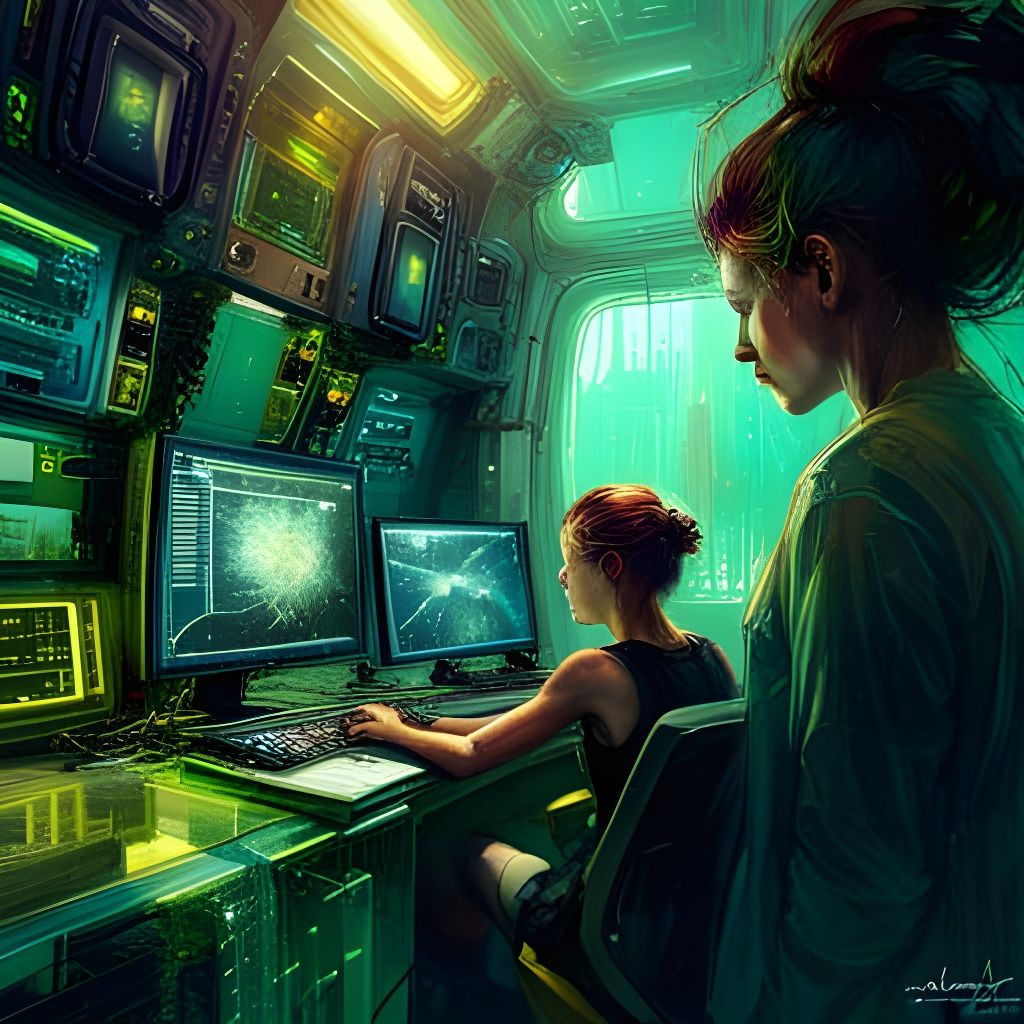 Starship Computer with Fluorescent Code, 3D Digital Art