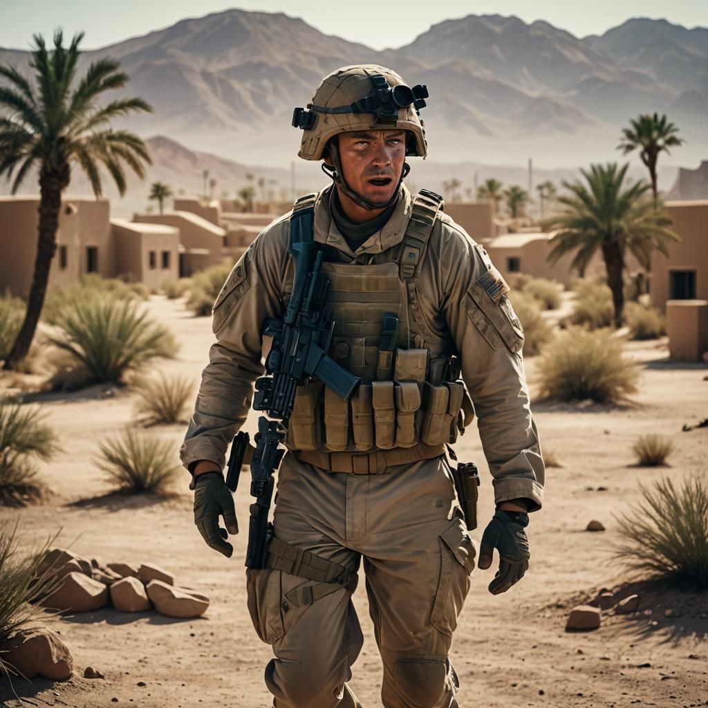 American Soldier in Desert Gunfight: Cinematic Still