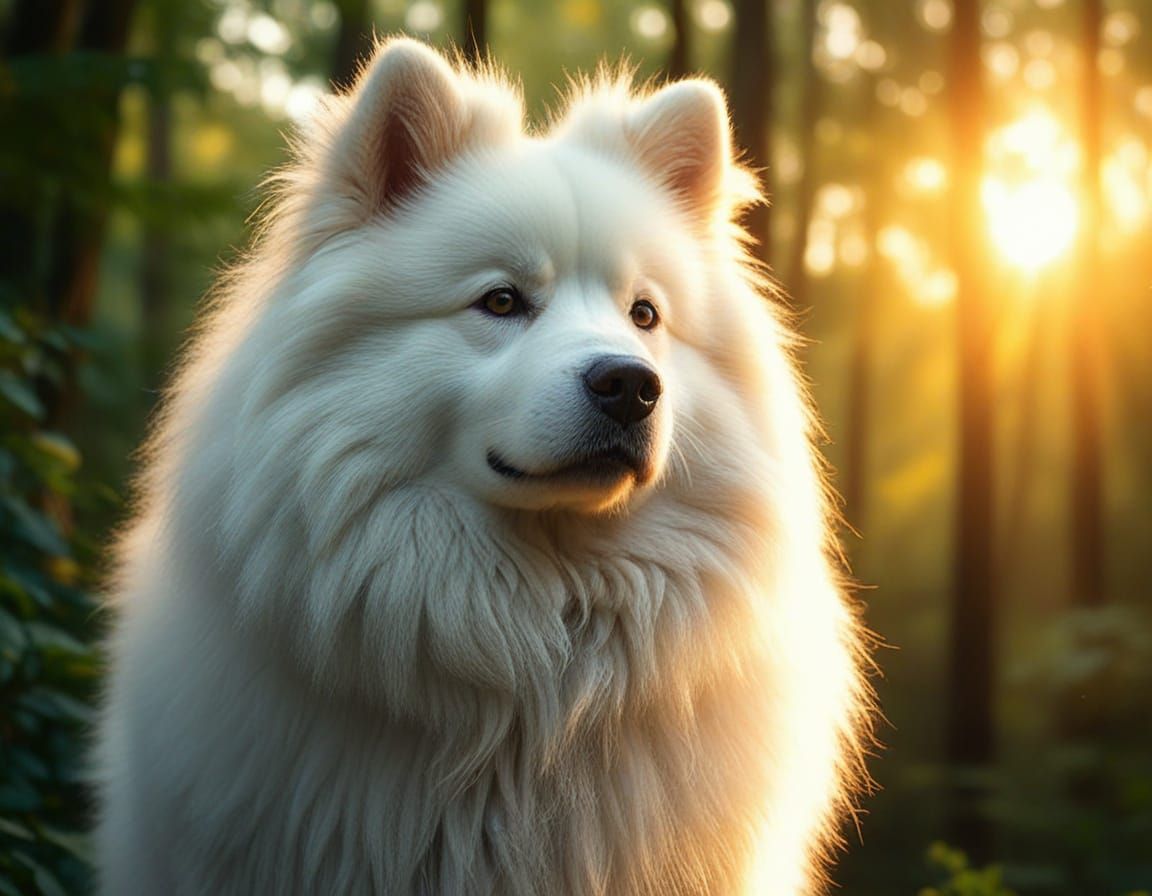 Hyperrealistic Samoyed in Lush Forest at Sunrise