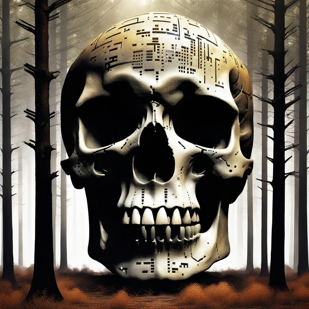 Binary Skull in Decaying Forest: Fantasy Concept Art