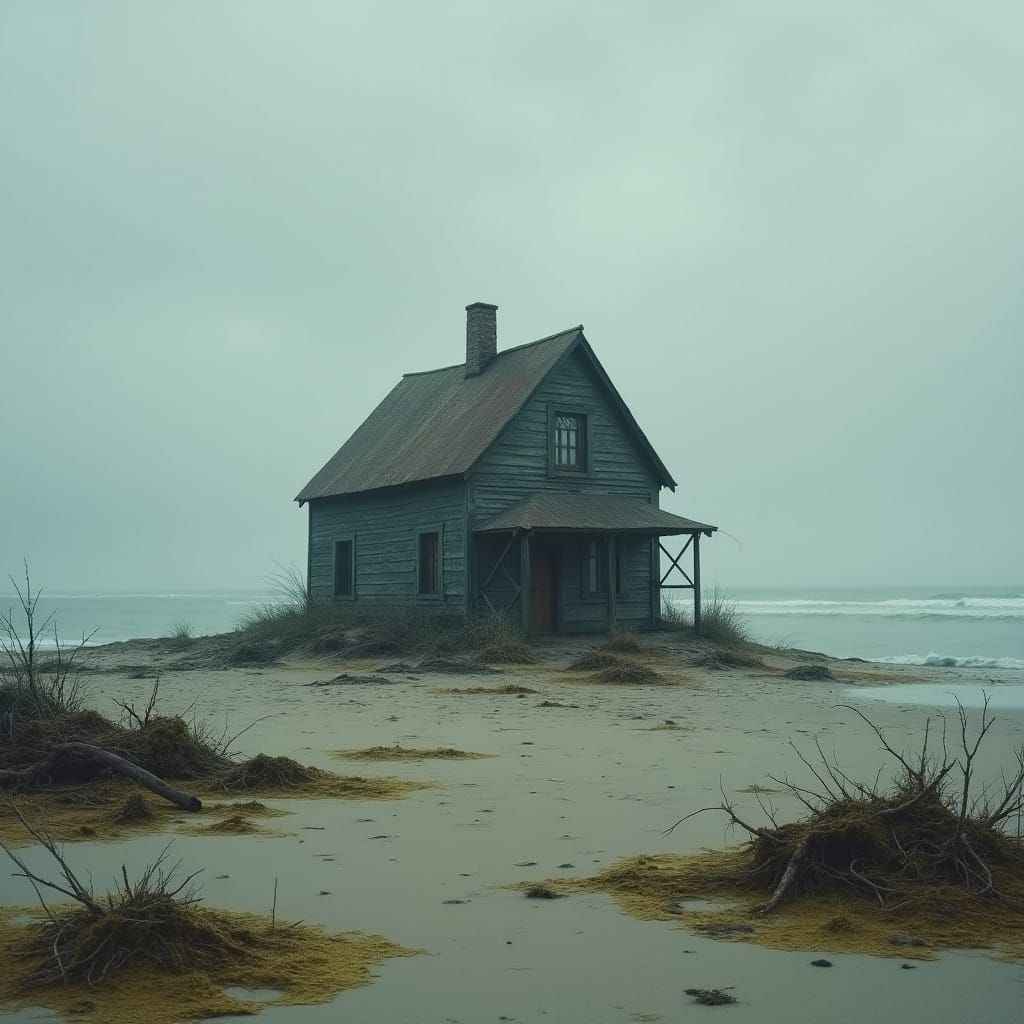 Orphaned House on a Desolate Beach: Atmospheric Landscape