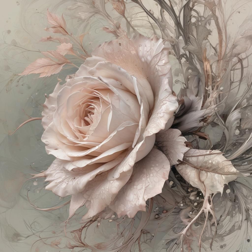 Filigree Fractal Rosebud in Pastel Ink