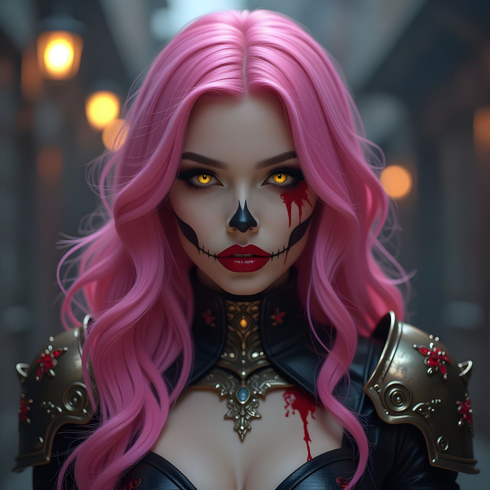 Eerie Figure with Pink Hair and Skull Makeup